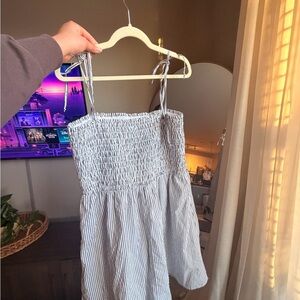 Smocked Striped Sundress with Tie Straps - Blue & White